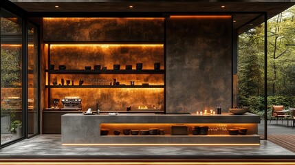 Obraz premium sleek restaurant tabletop ready for a culinary showcase featuring a minimalist design with a concrete shelf and ambient lighting to enhance the dining experience