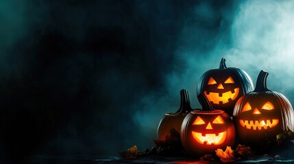 Naklejka premium Illuminated Halloween pumpkins with carved faces glowing in the dark, creating a haunting night atmosphere on a foggy dark blue background. This eerie and hyper-realistic banner design provides ample 