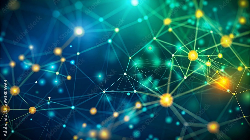 Poster abstract representation of network connections with glowing nodes and lines on blue and green bokeh 