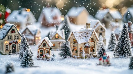 Naklejka premium A charming miniature village scene covered in snow, featuring cozy houses and evergreen trees, evoking a festive winter atmosphere.