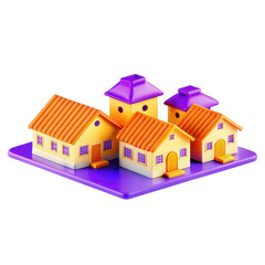 A vibrant 3D render of four toy houses in yellow and purple. They feature varied designs and are placed on a purple base, perfect for imaginative play.