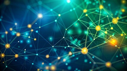 Abstract representation of network connections with glowing nodes and lines on blue and green bokeh background. Futuristic abstract representation of digital network with glowing nodes and flowing.