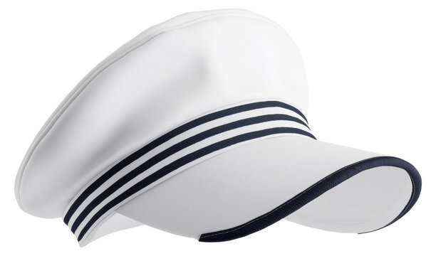 Classic white captain's hat with navy stripes perfect for nautical themes and maritime events isolated on transparent background.
