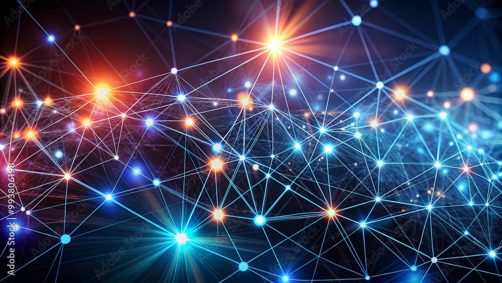 Poster abstract representation of network connections with glowing nodes and lines on blue and green bokeh 