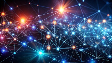 Abstract representation of network connections with glowing nodes and lines on blue and green bokeh background. Futuristic abstract representation of digital network with glowing nodes and flowing.