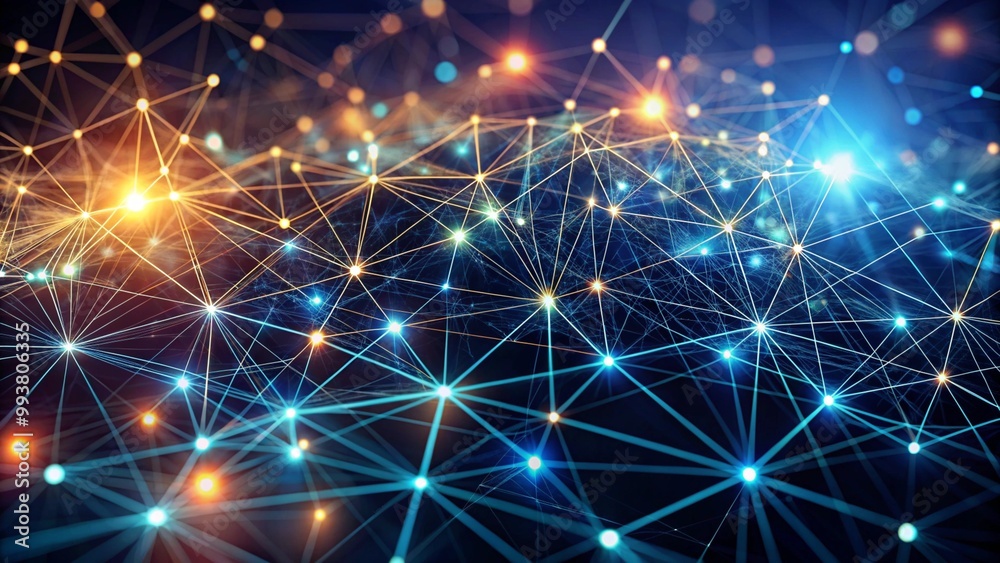 Poster abstract representation of network connections with glowing nodes and lines on blue and green bokeh 