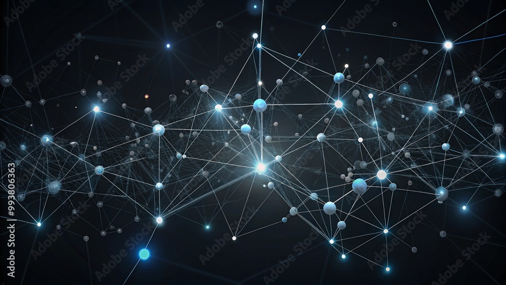 Poster abstract representation of network connections with glowing nodes and lines on blue and green bokeh 