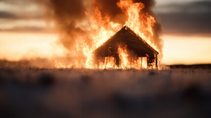 A solitary house is in the midst of a raging fire with intense flames consuming it entirely, set against a somber twilight sky, depicting destruction and tragedy.