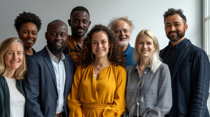A diverse group of cheerful individuals stands together, showcasing unity and collaboration. Their smiles reflect positive atmosphere, highlighting importance of teamwork and community