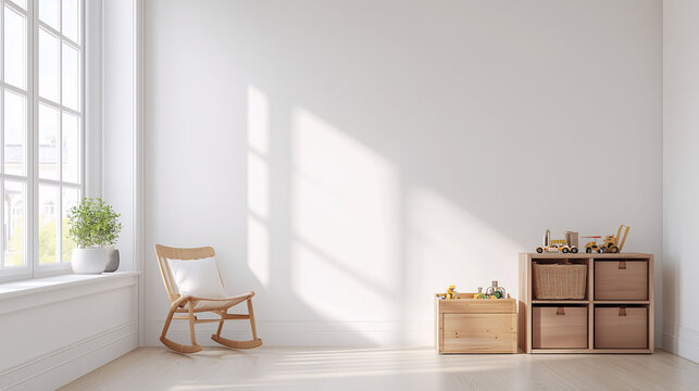A bright and airy minimalist children's room with white walls, a wooden toy storage box, and a small chair by the window. Neatly organized space with minimal clutter