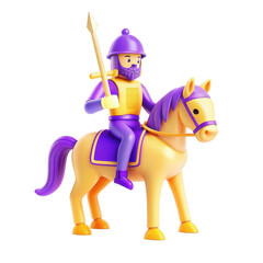 Obraz premium A stylized 3D character of an armored knight in purple attire on a horse. The knight holds a spear, conveying a sense of adventure and history.
