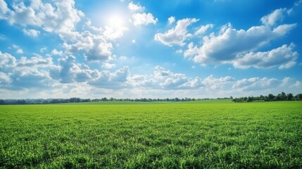 A lush green farm field stretches out under a clear blue sky dotted with white clouds. This idyllic countryside scene embodies the spirit of World Environment Day, showcasing the beauty of nature.