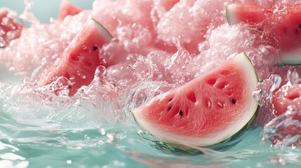 Freshly sliced watermelon pieces splash into a body of water, creating dramatic water splashes and bubbles. The vibrant colors of the watermelon slices are highlighted against the clear water.