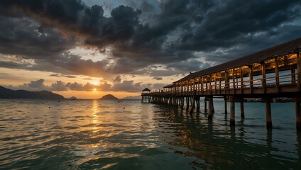 Obraz premium Chalong Pier at sunrise or sunset with dramatic skies in Phuket, Thailand.