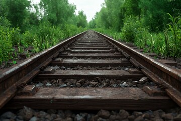 Obraz premium Rusty railway tracks surrounded by lush greenery under a clear sky.