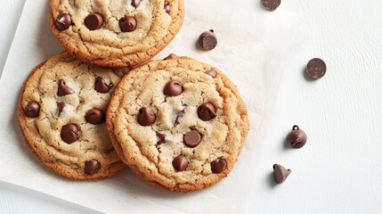 Fototapeta premium Delicious chocolate chip cookies arranged on a white plate, perfect for dessert or a snack.