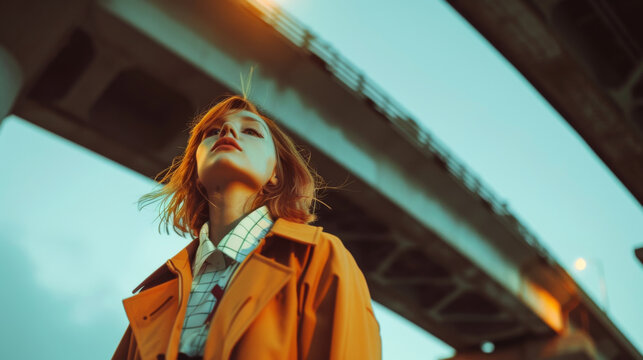A street fashion photoshoot featuring model in an orange coat, standing under bridge with dramatic sky. scene captures sense of urban style and confidence