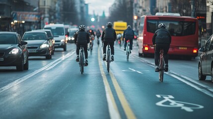 Fototapeta premium A group of cyclists navigates a busy urban street, sharing the road with vehicles, highlighting the coexistence of biking and driving.