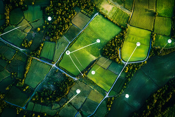 Aerial view of land is depicted with network markers indicating the planning and connectivity of land development.