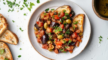 A plate of Caponata, a colorful Sicilian dish, sits on a white table. It's a mix of eggplant, tomatoes, olives, and capers, and it's perfect for dipping with toast.