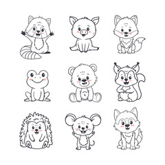 Obraz premium Set of cartoon cute animals including squirrel, fox, bear, hedgehog, pig, raccoon, mouse, frog and wolf. Forest animals for magazines, postcards. Vector illustration