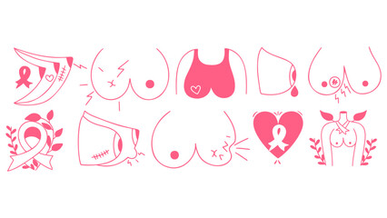 Breast Cancer Awareness doodle set. Medical conceptual vector icons about breast cancer awareness, disease symptoms. 