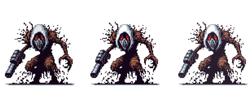 A pixel art depiction of a menacing hooded monster holding a weapon. Features dark tones and red eyes for a mysterious and ominous atmosphere.