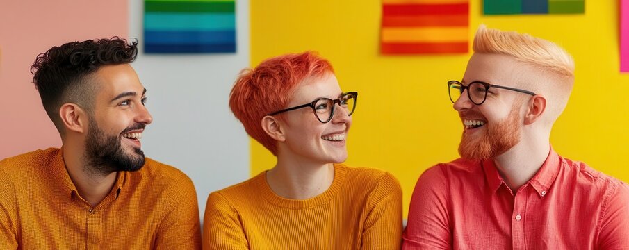 Colleagues from diverse backgrounds collaborating in an open workspace, with pride posters on the walls   collaborative environment, LGBTQ inclusion