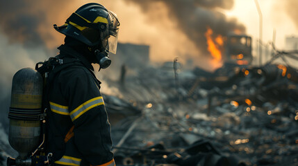 Obraz premium Courageous firefighters working together to put out a large fire in a busy urban area