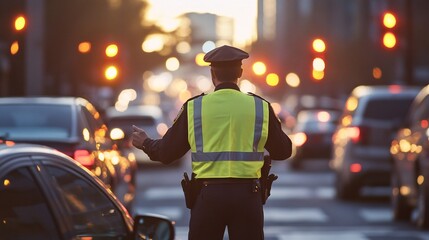 A police officer in a reflective vest directs traffic during sunset, surrounded by vehicles on a bustling city street.