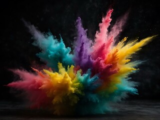 Chromatic burst of colorful powder against a dark background.