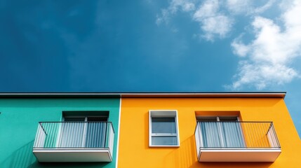 A stunning architectural photograph showcasing a modern building's facade, where bright green and vibrant orange sections contrast beautifully against a cloudy blue sky backdrop.