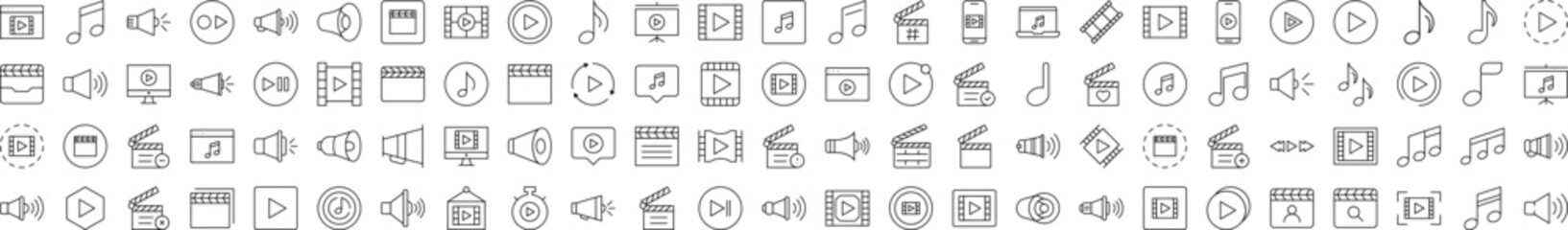 Set of Media Player Related Line Icons. Editable Stroke for Design, Web Sites, Apps, Cards. Contains Linear Images of Clapperboard, Musical Note, Loud Speaker