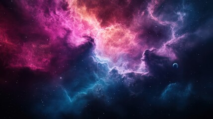 A stunning image of a colorful cosmic nebula with swirling clouds of gas and dust, distant stars, and a visible planet, creating a visually mesmerizing depiction of outer space.