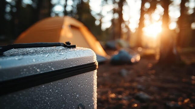 A serene camping scene at sunrise, featuring a close-up of a cooler with morning dew and a tent blurred in the background, evoking a sense of adventure and freshness.