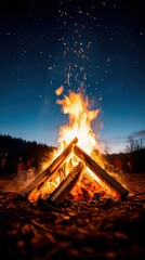 Fototapeta premium A vibrant campfire with sparks rising against a night sky, surrounded by nature's tranquility.