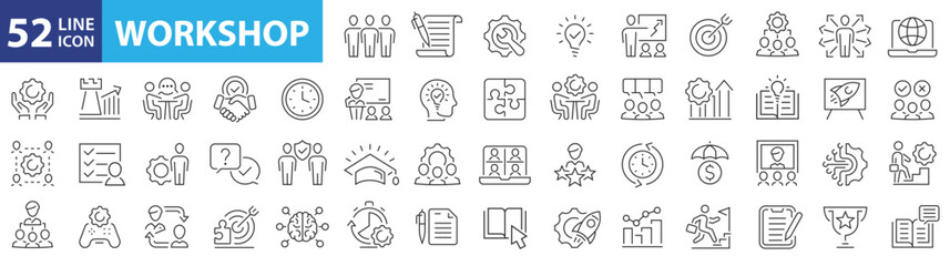 Fototapeta premium Workshop 52 icon set. Business training icons. Team building, collaboration, teamwork, education, coaching, problem solving and more. Vector illustration