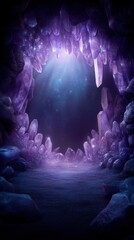Fototapeta premium A mystical cave adorned with sparkling purple crystals and soft light illuminating the tranquil space.