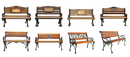 Fototapeta premium A collection of elegant wooden benches showcasing diverse designs and craftsmanship, perfect for outdoor or indoor settings. on transparent cutout, PNG file