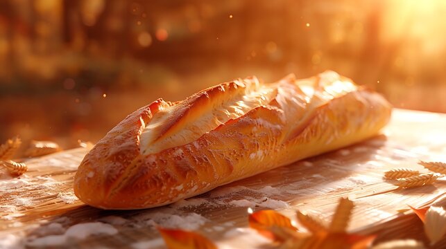 A warm, golden baguette rests on a rustic wooden surface, surrounded by autumn leaves and illuminated by soft sunlight.