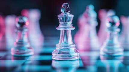 Elegant glass chess pieces with the king in focus, highlighted by vivid lighting, portraying a strategic metaphor of leadership and tactical planning on a chessboard.