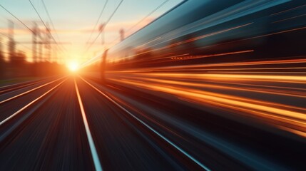 A dynamic image of a train speeding down the tracks at sunset, with vivid colors and motion blur creating a sense of speed and energy.