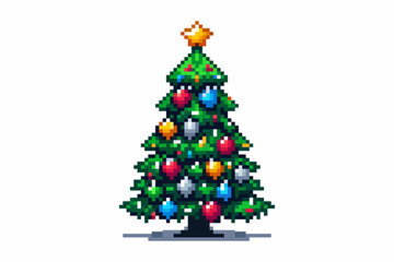 A pixel art Christmas tree adorned with multicolored baubles and topped with a shining star.