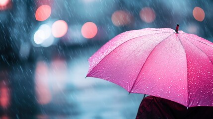 A bright pink umbrella stands firm in the rain, contrasted against a blurry background, embodying an artistic expression of optimism and steadfastness amidst the gloom.