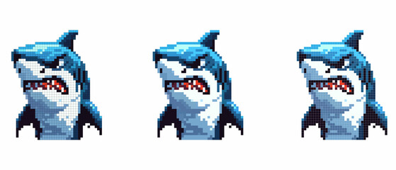Pixel art of an angry shark with open mouth and sharp teeth, showing fierceness in a digital format.