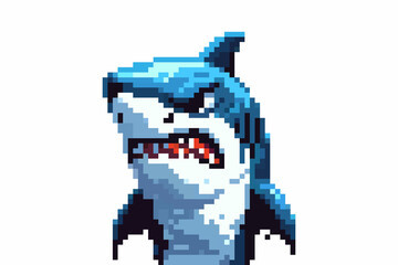 Pixel art of an angry shark with open mouth and sharp teeth, showing fierceness in a digital format.