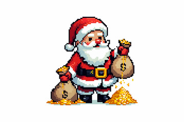 A pixel art illustration of Santa Claus with bags of money, symbolizing holiday wealth and festive cheer. Perfect for Christmas themes and financial concepts.