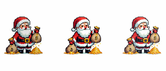 A pixel art illustration of Santa Claus with bags of money, symbolizing holiday wealth and festive cheer. Perfect for Christmas themes and financial concepts.