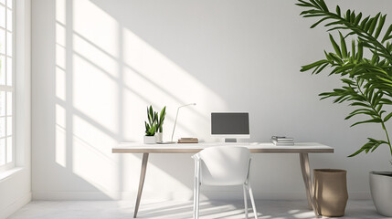 Fototapeta premium A modern minimalist workspace with a desk facing a sunlit window, white walls, and minimal decor. The focus is on natural light and clean design