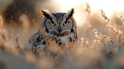 A great horned owl with intense eyes is captured in a field, perfectly backlit by the gentle light of the setting sun, symbolizing power and watchfulness in the wilderness.